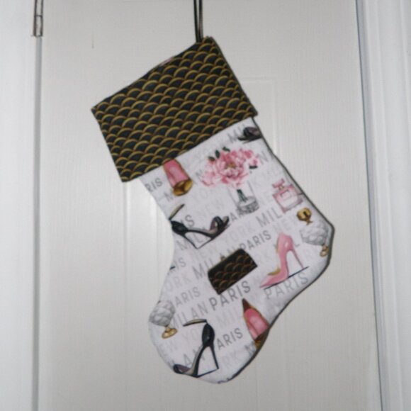 High Heels Pocket books Flowers Paris 14" Hand Crafted Christmas Stocking - Picture 3 of 9